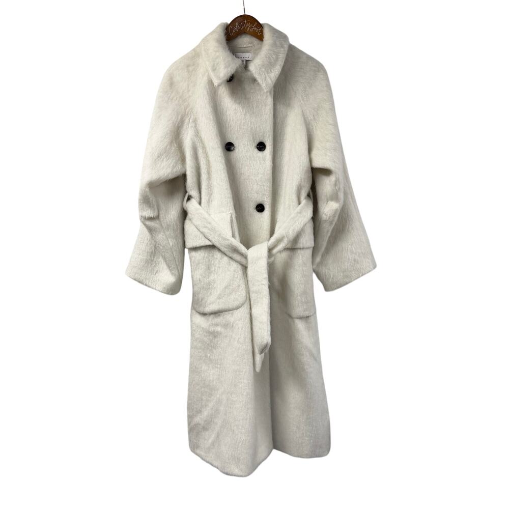 White Fuzzy Full Length Trench Coat Topshop 6 Double Breasted Tie Belt
